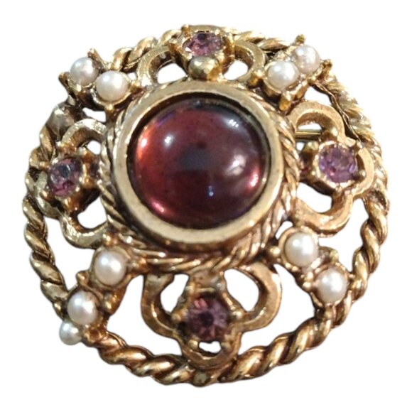 Vintage Domed Cabochon Brooch with Glass Amethyst & Pearls - Picture 1 of 3